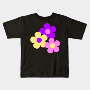 60's Flower Power Pop Flowers in Pink, Purple and Yellow on Black Kids T-Shirt